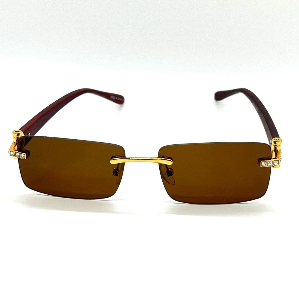 Rimless Sunglasses Gold Accents Rhinestones Wood Grain Arms Men Small Brown Lens